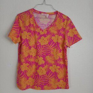 Fresh Produce Top TEE Small Flamingo Pink Orange Tropical Flowers